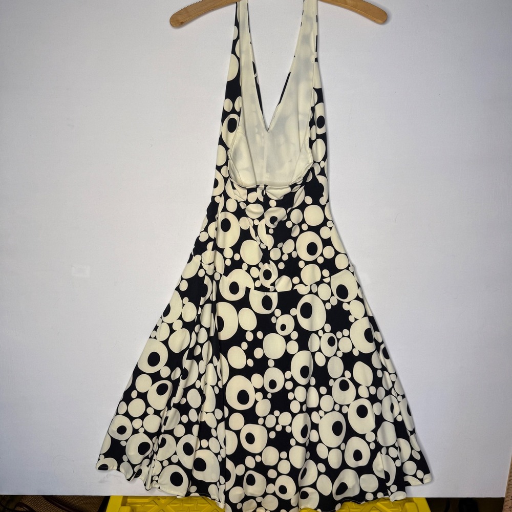 Maggy London Womens Halter Dress Black Cream Mod Bubble Print Ruched Drop Waist - Picture 5 of 7